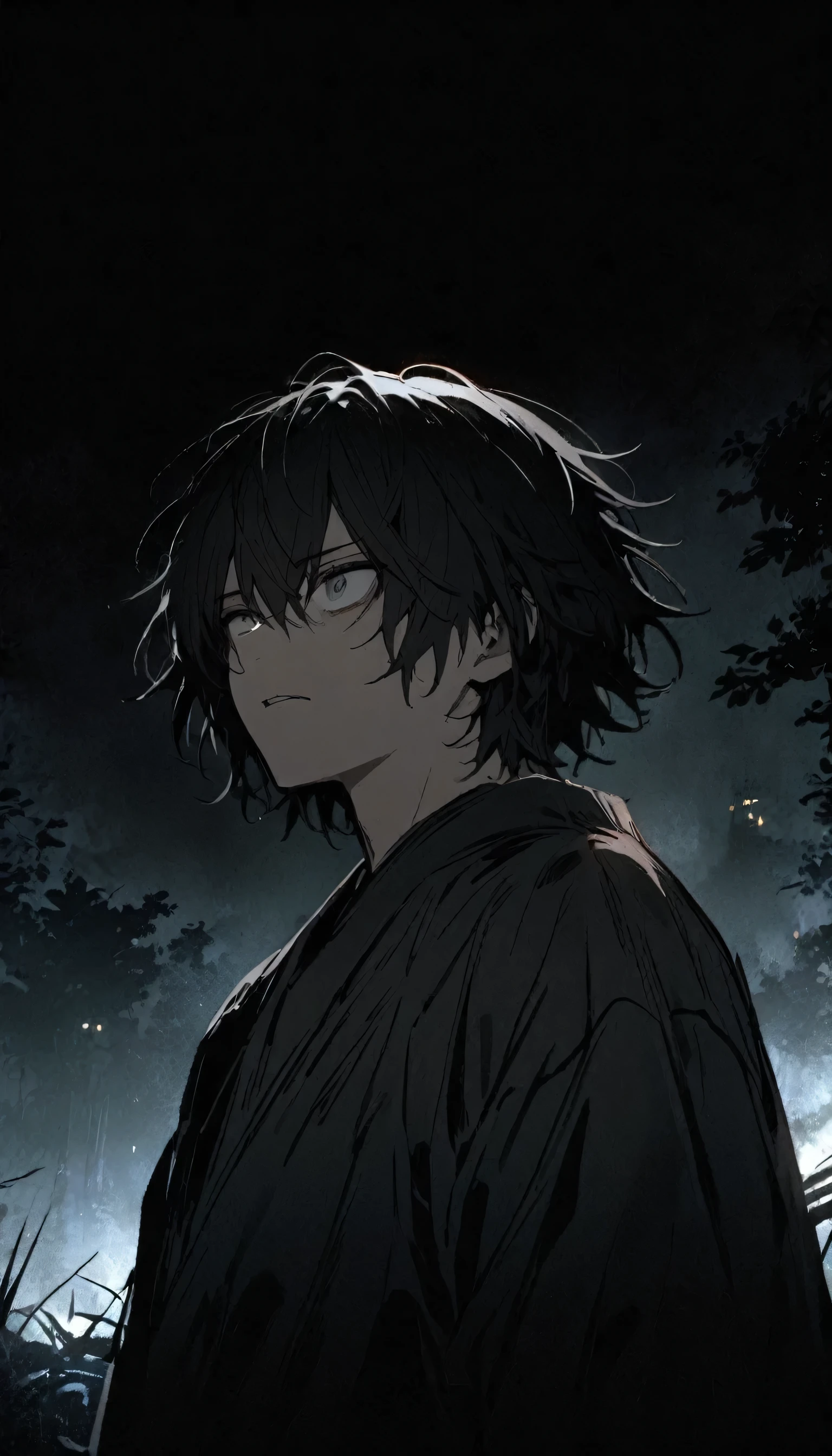 boy, 1 person, Dark circles under the eyes, Dark atmosphere, Black Hair, Bad face, night, cool,Wolf Hair