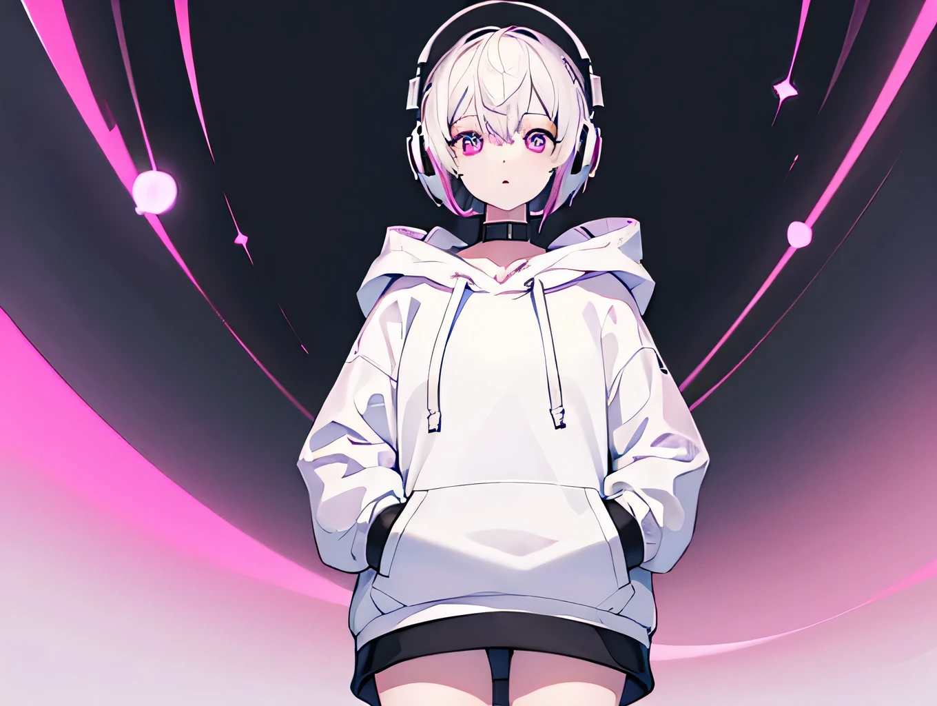 (masterpiece, highest quality:1.6), alone, Thick outline, (Simple Background, Plain white background, Monochrome), 2 heads,Mini character, 8k, whole body, (Pixie Cut, Plain oversized hoodie, Wearing a hood,Headphones), Thighs, High resolution, Sharp focus, High resolution, Most detailed, Very detailed, Very detailed, finely, Detailed eyes and face, Sharp pupils, Contrast between pink and white, alone, Put your hands in your pockets