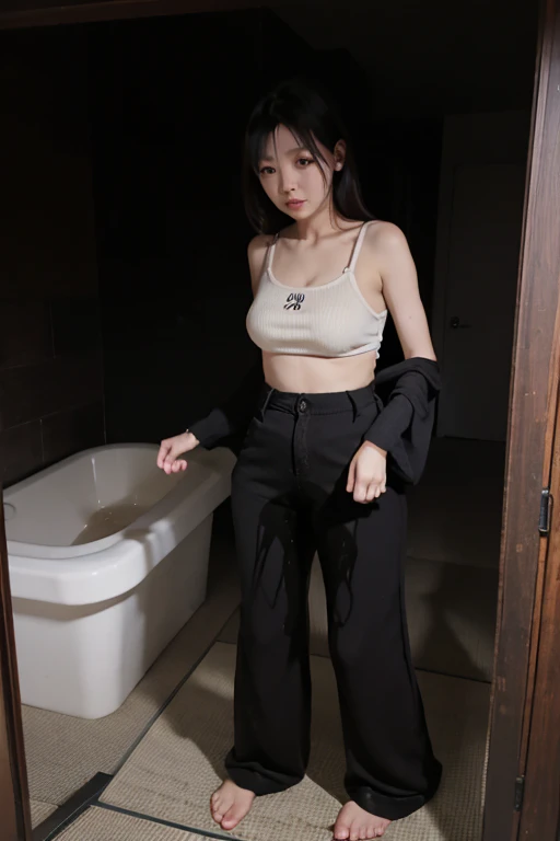 Japanese Girl sees the ghost and pees her black palazzo pants until her pants are wet in fright.