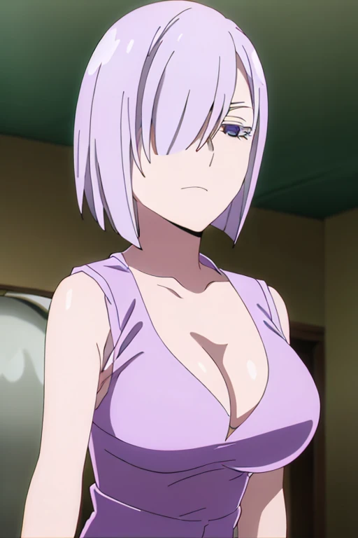 (Best Quality, masterpiece, High resolution, anime screen cap, anime colours), 1 Girl, Short Hair, White hair, Fiona Frost, Lewd Face:1.3, large full breasts, cleavage, (Thin fabric, Purple tank top:1.8, no-bra:1.5), Slimed, Leaning forward, Upper body, Bedrooms, (Perfect Anatomy, perfect detailed body, Eyes and hair in beautiful detail, Beautiful breasts and skin), armpits, armpits visible,