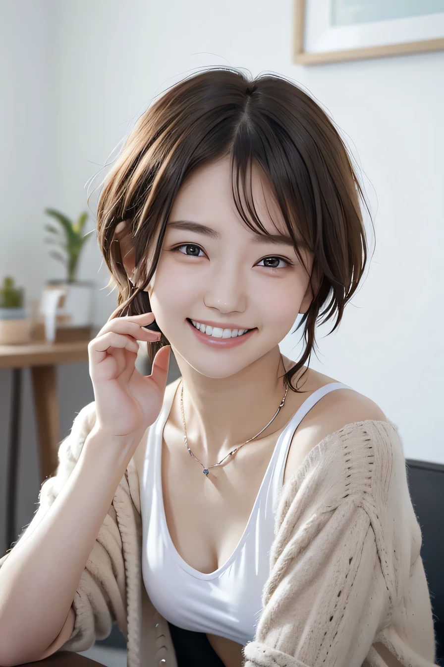 05 ((short hair)), 20-year-old female, In underwear、cardigan、smile、Beautiful teeth alignment、Black Hair、ear piercing、Necklace around the neck、Looking into the camera, Waiting for the start 