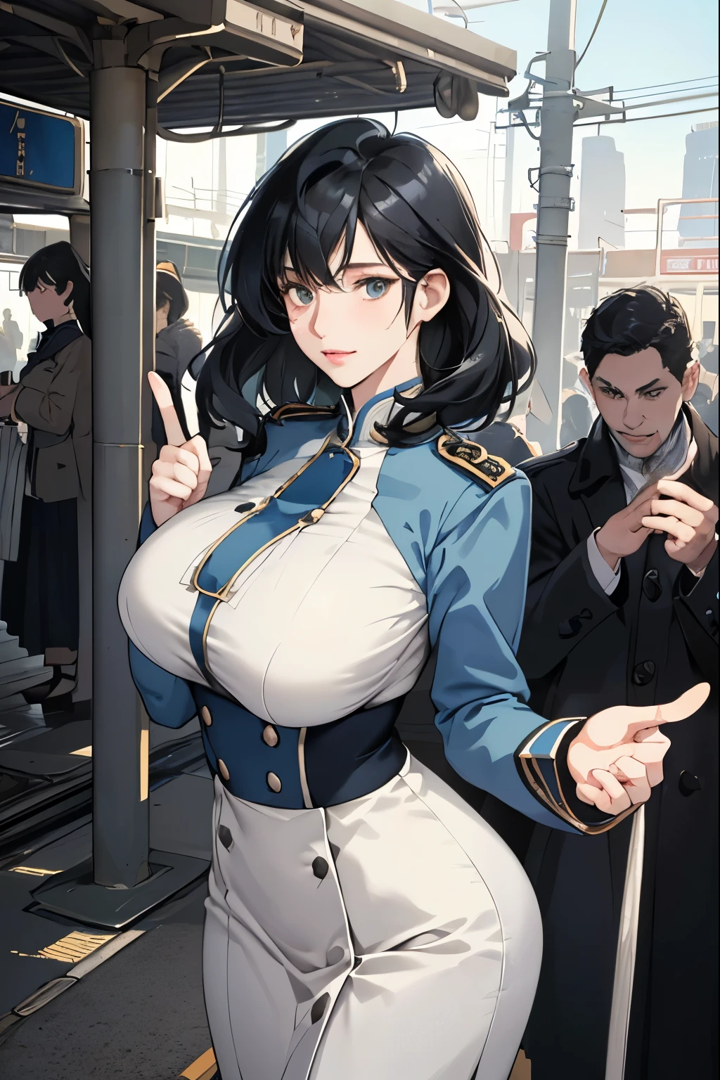 Only one female, Are standing, (Extend your arms towards the viewer:1.1) (Point with your index finger:1.2), (conductor) (Calm blue uniform) Have, Mature Woman, /(Black Hair/) bangs, (A light smile:0.8), (Masterpiece of the highest quality:1.2) Delicate illustrations, super detailed, Big Breasts, White Glove Break (Station platform:1.2), (Trains that have stopped), roof, Crowded, noon, Detailed Background