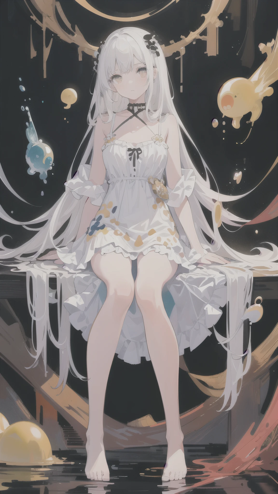 (masterpiece, best quality: 1.2), (Super detailed), (illustration), wallpaper, The original, 1 Girl, messy white hair, spaghetti straps, White Skirt, Bare Legs, barefoot, Bare arms, whole body, (Surrounded by colorful spots and dots), Colorful bubbles, (Shiny), Simple background, Solid color background