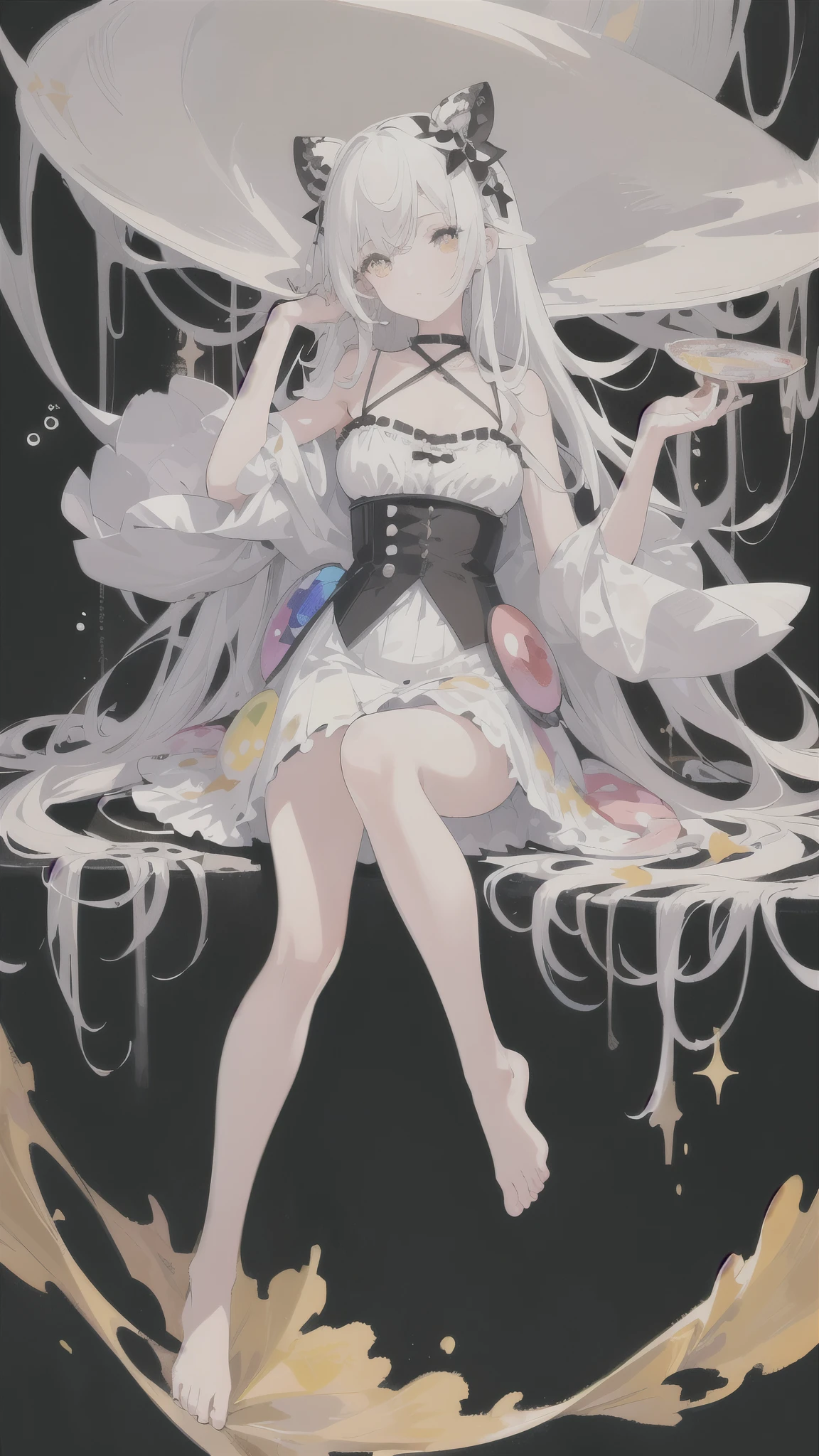 (masterpiece, best quality: 1.2), (Super detailed), (illustration), wallpaper, The original, 1 Girl, messy white hair, spaghetti straps, White Skirt, Bare Legs, barefoot, Bare arms, whole body, (Surrounded by colorful spots and dots), Colorful bubbles, (Shiny), Simple background, Solid color background