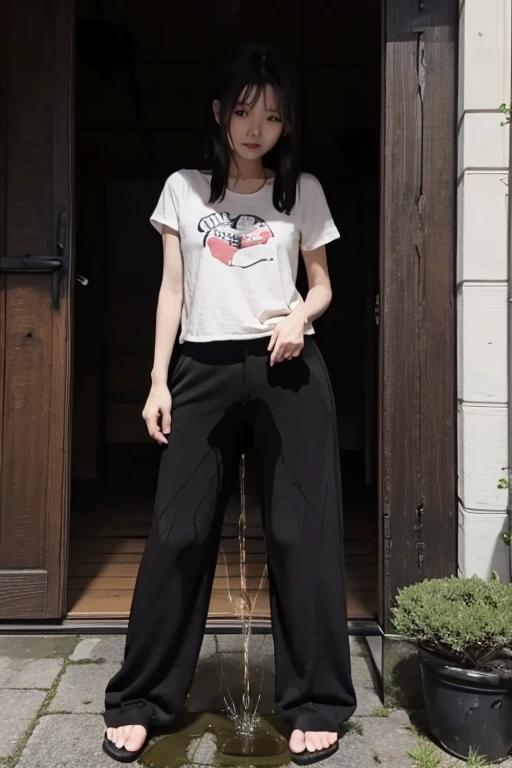 Japanese Girl sees the ghost and pees her black palazzo pants until her pants are wet in fright.