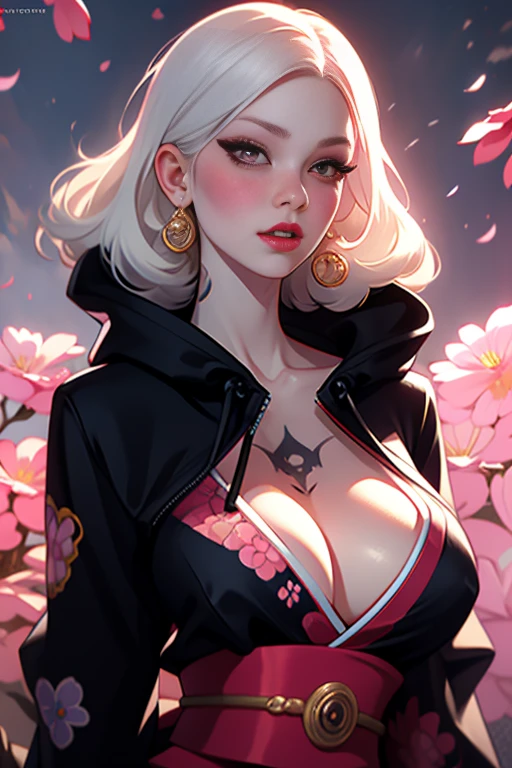 PERFECT MASTERPIECE, EXTREMELY DETAILED CG UNITY 8K UHD QUALITY RESOLUTION, RAW PHOTO, PHOTOREALISTIC, PERFECT PHOTOGENIC CLARITY, OFFICIAL ART, AWARD-WINNING PORTRAIT, OFFICIAL ART, (0ill1k3:1.3) The most beautiful and sexy vampire goddess, oni horns, very long platinum white hair, vibrant red eyes, long detailed eyelashes, blushing, full pouting pink lips, curvy body type, full hips, super huge enormously gigantic tits, cleavage showing, gigantic  bursting out of her kimono, tons of tattoos and piercings, wearing the most beautiful and highly detailed Harajuku-inspired hooded kimono, arching her back in a sexy seductive slutty pose, looking at the viewer, full body portrait, close up pov camera view from below, sexy seductive slutty facial expression, cherry blossoms blowing in the wind, aesthetic atmospheric dreamlike blood splattered background (((evelyn baldur's gate 3)))