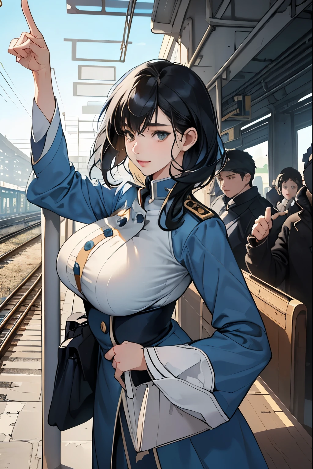 Only one female, Are standing, (Extend your arms towards the viewer:1.1) (Point with your index finger:1.2), (conductor) (Calm blue uniform) Have, Mature Woman, /(Black Hair/) bangs, (A light smile:0.8), (Masterpiece of the highest quality:1.2) Delicate illustrations, super detailed, Big Breasts, White Glove Break (Station platform:1.2), (Trains that have stopped), roof, Crowded, noon, Detailed Background