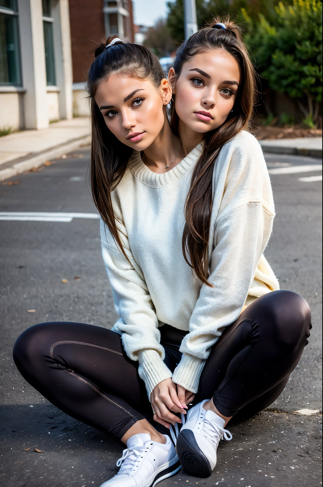 2heads, two headed girl, age 18, brown hair in a ponytail, white girls, trendy oversized sweater, leggings, sneakers, sitting outside her school, gorgeous, smart, gentle makeup,