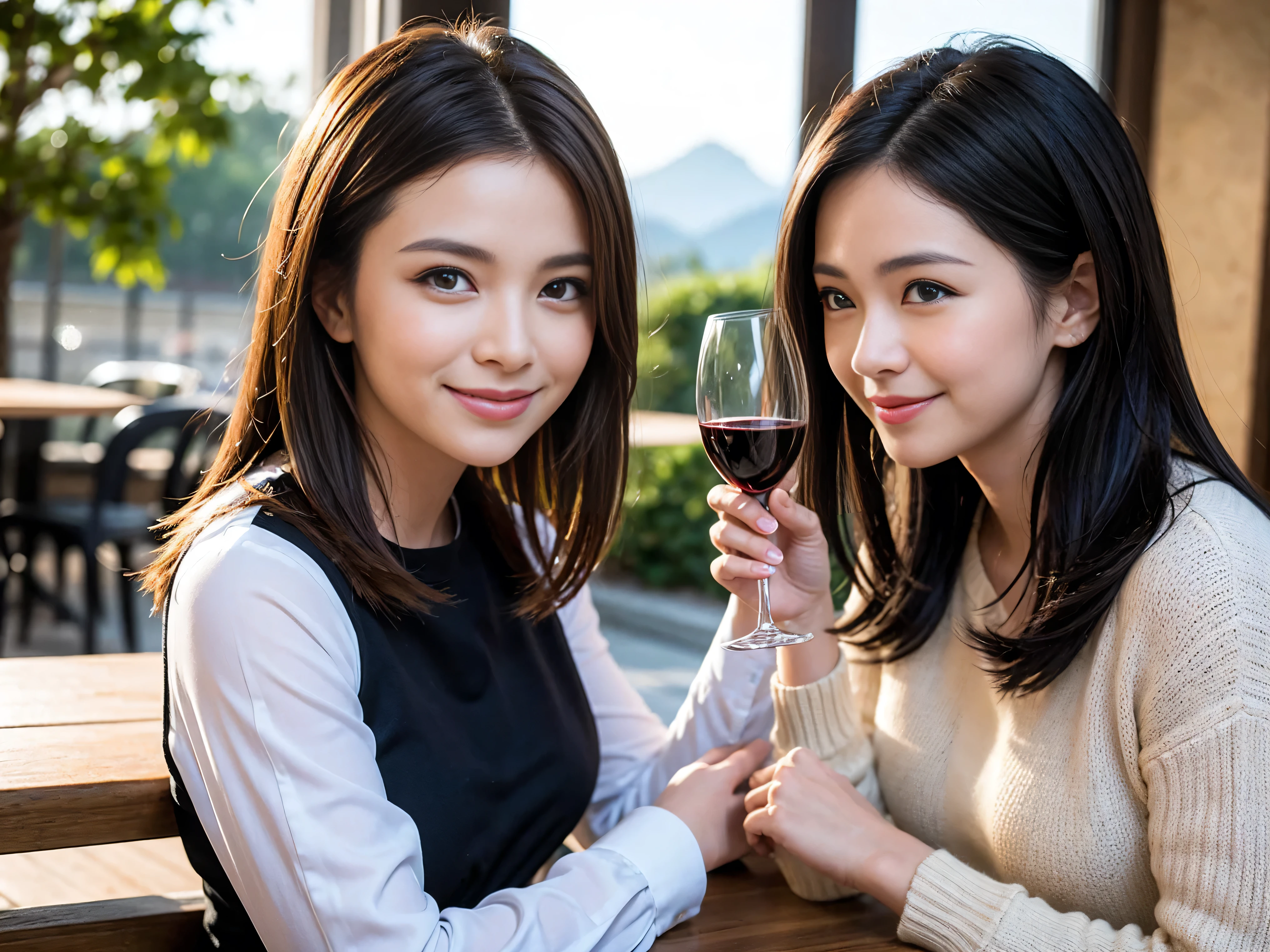 ((highest quality、8k、masterpiece:1.3))、1 male、1 female、Couple、Spouse、Satomi Ishihara-like beautiful couple、The body is slim、((Bob Hale、Straight hair:1.2)), (Realistic, Intricate details:1.2), Wine glass on the table、Shine light on your face、 Amazing view of the sunset sky and clouds、Amazing mountain views、A bright smile、The wonderfulness of smile、Bright image、The beauty of wine, Beautiful Face, blue eyes, The light shines on your face, Blushing, short hair,Bright Face、 (Age 35), 39 years old, red wine 、Appetizers、Italian food、Wine bottle、Champagne、sparkling wine、Two beauties、Brown Hair、Shortcuts、Long sleeve shirt、dress、Pretty Woman 1, (Slim face), (The body is slim), (Brown Hair), (Shortcuts), cheeks turn a little red,Attractive beauty、restaurant, In a prominent place (From the waist up) Nova Frog Style, actress, model, Upper Body, White wine, slim, wine glass, A wine glass placed in the center, smile, (smile: 1.15), Beautiful fine grain, Depth f/2,saturation, High Contrast, Strong light and shadow,Moist Body:1.5、3D texture、Delicate eyes、Brown Hair、The hair is very shiny、