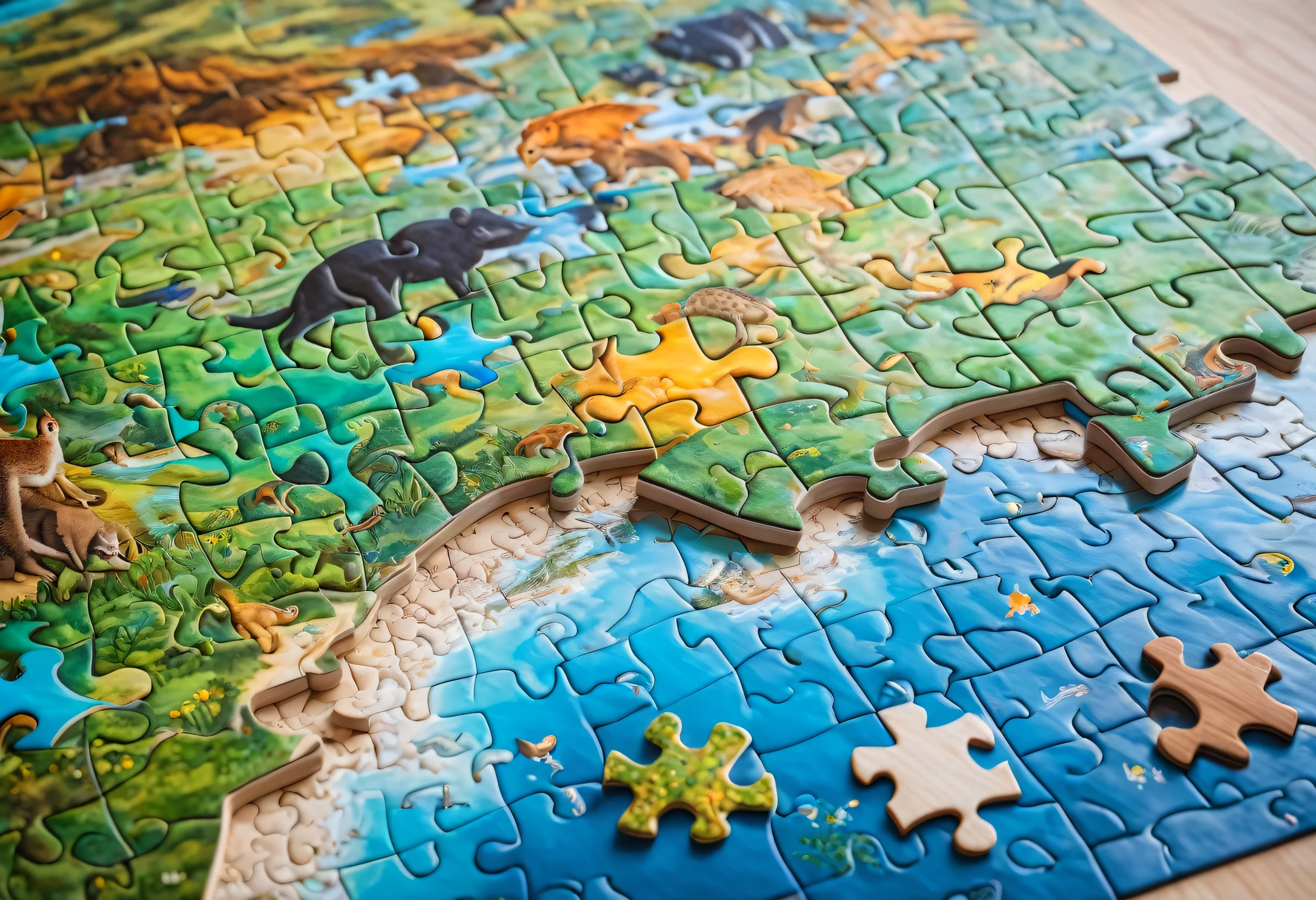 a close up of a puzzle piece with animals on it, a jigsaw puzzle by Andrée Ruellan, Trending on Unsplash, Ecological Art, Exquisite 3D maps, puzzle art, puzzle, Our Star, mainland, 3 2 × 3 2, mysterious, Full of fauna, ai Biodiversity, Australia Complex, Based on geographical map, Carson Ellis, Northern Hemisphere
