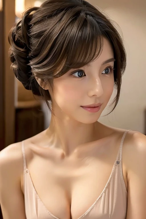 Selfie photo taken with a mobile phone、highest quality, Realistic, Perfect Human Anatomy, Very detailed, Very delicate and beautiful, Raw photo, Professional Lighting, Illumination, Depth of written boundary, Single focus, whole body, Skinny Japanese woman, 30-year-old woman, Brown Hair, Small Head, Beautiful Eyes, True Face, Realistic skin, Fine grain, (Fashionable hairstyles: 1.3),Bust Emphasis、(Cleavage:1.5)

