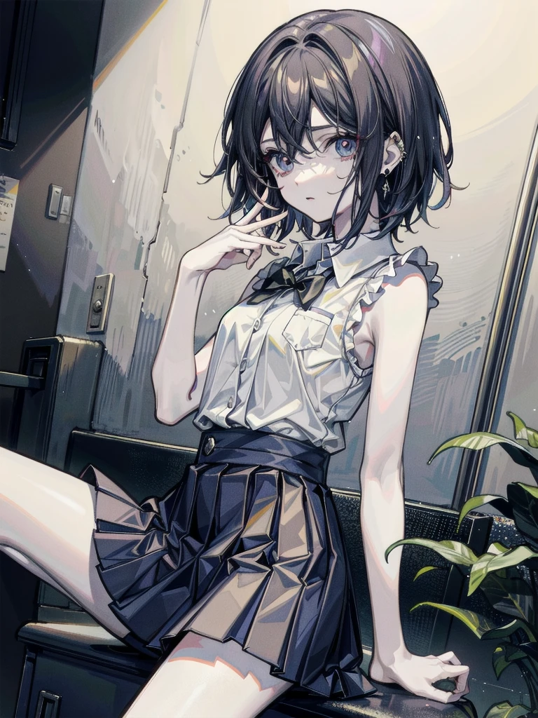 whole body, pale skin, 20 years old, tearful mole, earring, short medium hair, wavy hair, sleeveless, school_uniform,