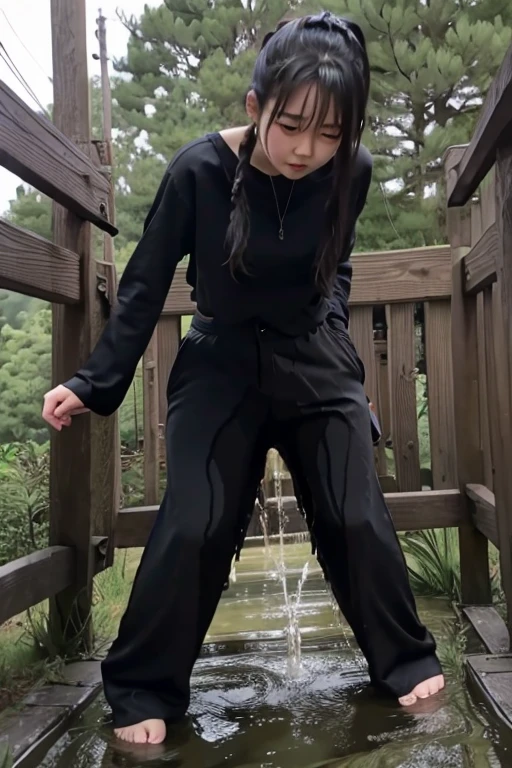 Japanese Girl sees the ghost and pees her black palazzo pants until her pants are wet in fright.