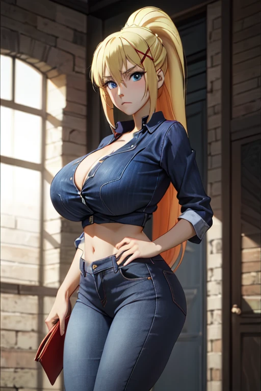 Darkness, 1girl, solo, long_hair, gigantic breasts, wide hips, looking_at_viewer, bangs, blue_eyes, blonde_hair, hair_between_eyes, closed_mouth, ponytail, sidelocks, x_hair_ornament, blue_shirt, red_jacket, blue_jeans, city