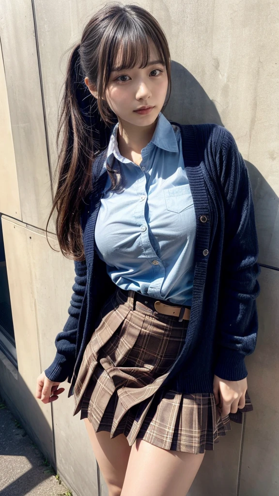 masterpiece, best quality, illustration, Super detailed, fine details, High resolution, 8K,wall paper, perfect dynamic composition,(Details High quality, realistic depiction of eyes:1.3), from side, standing,High School Classroom、High school girl uniform、Cardigan、Super Short Check Uniform Skirt、Navy blue high socks、garterbelts、Colossal tits、Disturbed uniform、low ponytail, black hair color, sexy pose, Big Natural Color Lip, bold sexy pose, (perfect body shape), crying a little、cold gaze, Harajuku style、20 year old girl、cute type, beautiful legs, hposing Gravure Idol, Voluptuous thighs