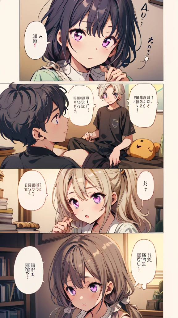 (masterpiece, highest quality), detailed, comics, boy,heart、like、 Meeting between a man and a woman, Manga Page, Doujinshi, Download contents, anime, Branch Panel, (From right to left, Top to bottom), 1boy, (others boys, Various random faces, Various random hairs), (1boy, boy, Short black hair, T-Shirts, detailedが満載)、The girl has milky white hair on top of her head, gradating to purple at the ends, and has long, straight hair braided in two ponytails.、The girl&#39;s characteristic is yinji,1girl,solo, purple eyes, long hair, twin braids, purple hair, multicolored hair, elbow gloves, bangs, very long hair,bare shoulders, black skirt, grey hair, dress, smile, side cutout,covered navel, side cutout,
