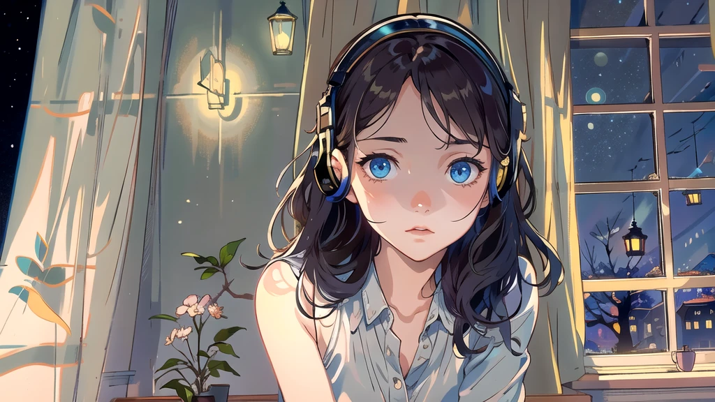 Create an illustration of a girl with dark hair and blue eyes, sitting sideways in front of the window of her room, She is wearing headphones and has a sentimental and introspective expression, Moonlight softly shines into the room, gently illuminating the space, Curtains sway in the breeze, enhancing the serene, melancholic atmosphere, Emphasizing the themes of solitude, silence, and the depths of night, the room is dark but slightly illuminated by moonlight