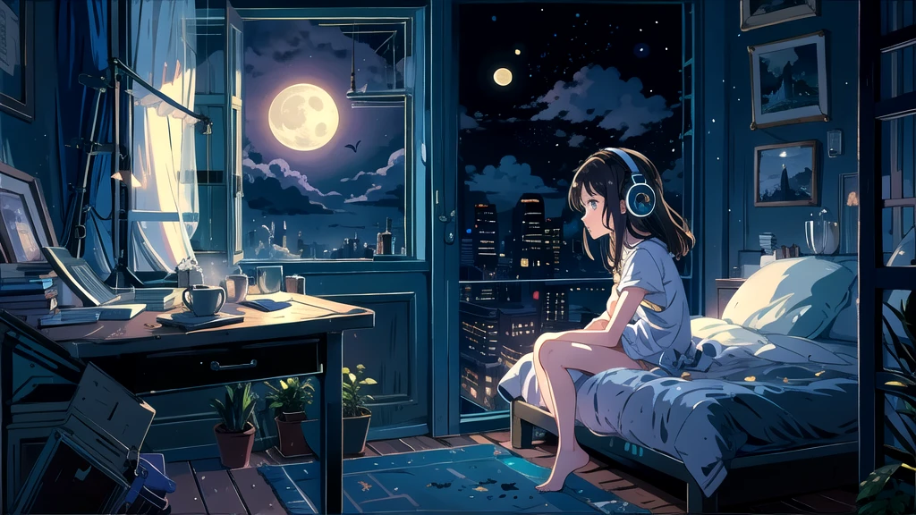 Create an illustration of a girl with dark hair and blue eyes, sitting sideways in front of the window of her room, She is wearing headphones and has a sentimental and introspective expression, Moonlight softly shines into the room, gently illuminating the space, Curtains sway in the breeze, enhancing the serene, melancholic atmosphere, Emphasizing the themes of solitude, silence, and the depths of night, the room is dark but slightly illuminated by moonlight