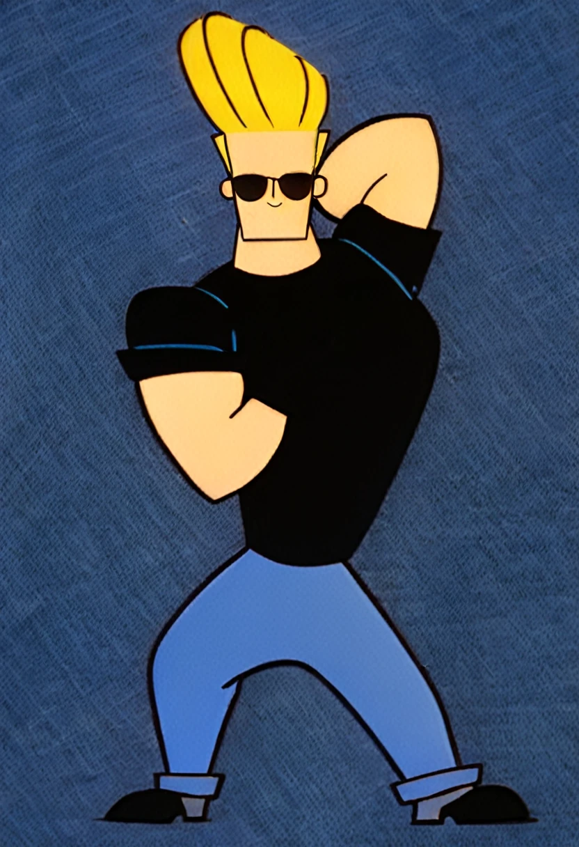 90s cartoon, johnny bravo, muscular man with a blonde pompadour hairstyle, a chiseled jawline, and a confident expression, wearing a black shirt, blue jeans, and sunglasses, 90s cartoon style