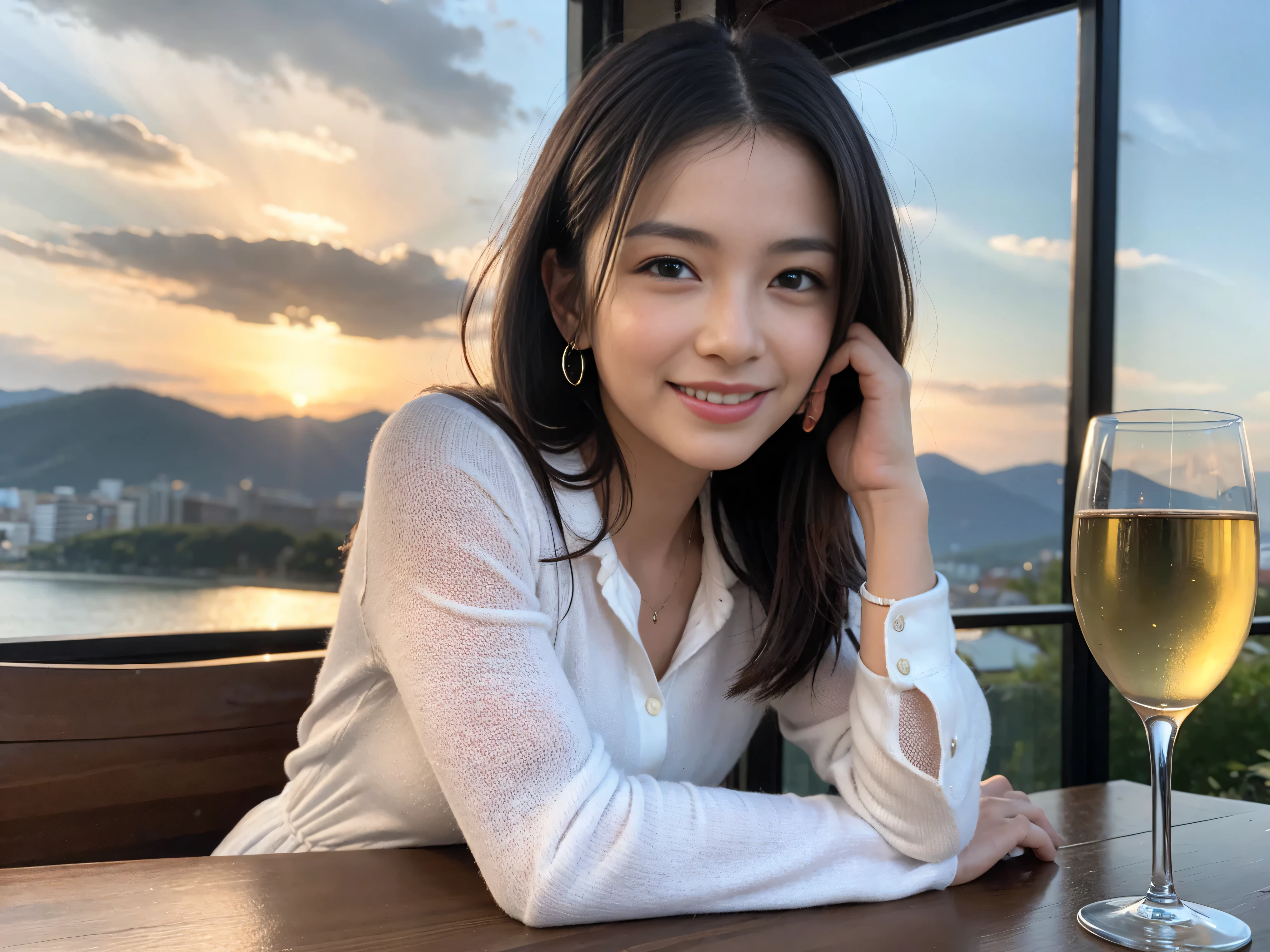 ((highest quality、8k、masterpiece:1.3))、1 male、1 female、Couple、Spouse、Satomi Ishihara-like beautiful couple、The body is slim、((Bob Hale、Straight hair:1.2)), (Realistic, Intricate details:1.2), Wine glass on the table、Shine light on your face、 Amazing view of the sunset sky and clouds、Amazing mountain views、A bright smile、The wonderfulness of smile、Bright image、The beauty of wine, Beautiful Face, blue eyes, The light shines on your face, Blushing, short hair,Bright Face、 (Age 35), 39 years old, red wine 、Appetizers、Italian food、Wine bottle、Champagne、sparkling wine、Two beauties、Brown Hair、Shortcuts、Long sleeve shirt、dress、Pretty Woman 1, (Slim face), (The body is slim), (Brown Hair), (Shortcuts), cheeks turn a little red,Attractive beauty、restaurant, In a prominent place (From the waist up) Nova Frog Style, actress, model, Upper Body, White wine, slim, wine glass, A wine glass placed in the center, smile, (smile: 1.15), Beautiful fine grain, Depth f/2,saturation, High Contrast, Strong light and shadow,Moist Body:1.5、3D texture、Delicate eyes、Brown Hair、The hair is very shiny、