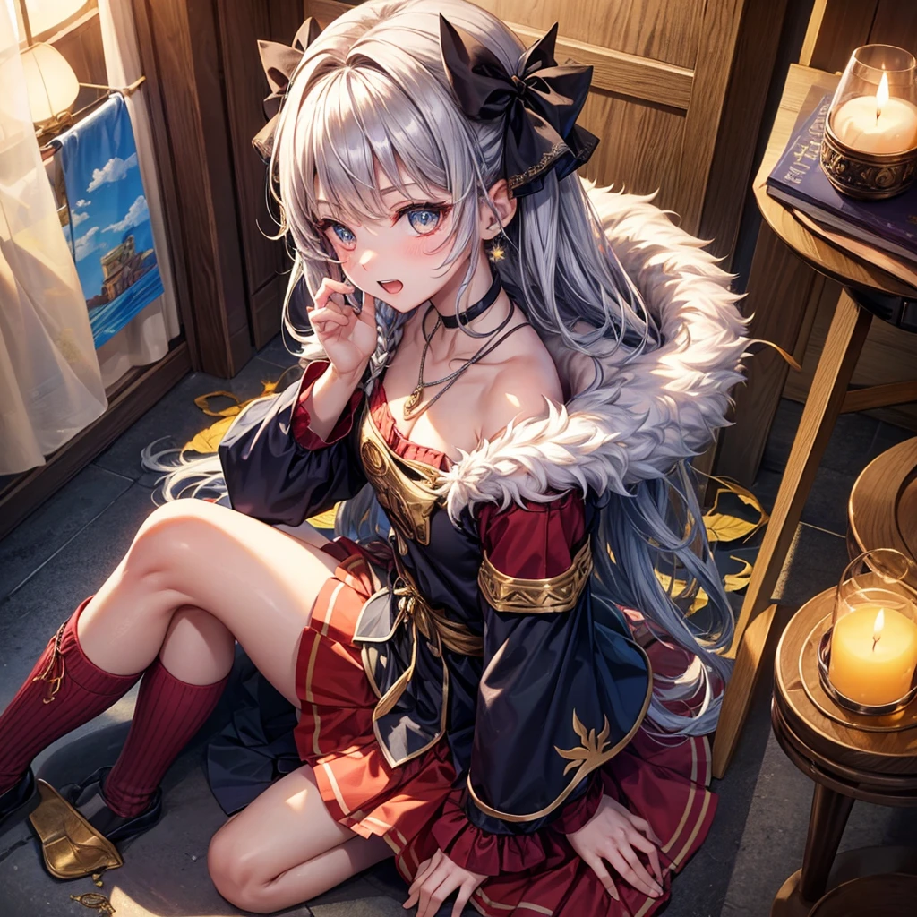 Dark Blue Hair、Golden Eyes、Braid、One good looking girl、solo、anime、Checkered mini skirt、Ruffles on the skirt、Red T-shirt、Cape、Gothic、Black knee-high socks、bandana、Wearing a ribbon、Ribbon on waist、Tilting face、Teeth are visible、Sunset sky、Piercing the clouds、Contrail、lotus leaves、Cumulonimbus、Pillar of Light、Sitting on a golden treasure chest、candle fire、Silver coin necklace、From above