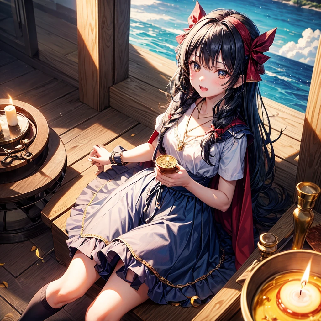 Dark Blue Hair、Golden Eyes、Braid、One good looking girl、solo、anime、Checkered mini skirt、Ruffles on the skirt、Red T-shirt、Cape、Gothic、Black knee-high socks、bandana、Wearing a ribbon、Ribbon on waist、Tilting face、Teeth are visible、Sunset sky、Piercing the clouds、Contrail、lotus leaves、Cumulonimbus、Pillar of Light、Sitting on a golden treasure chest、candle fire、Silver coin necklace、From above