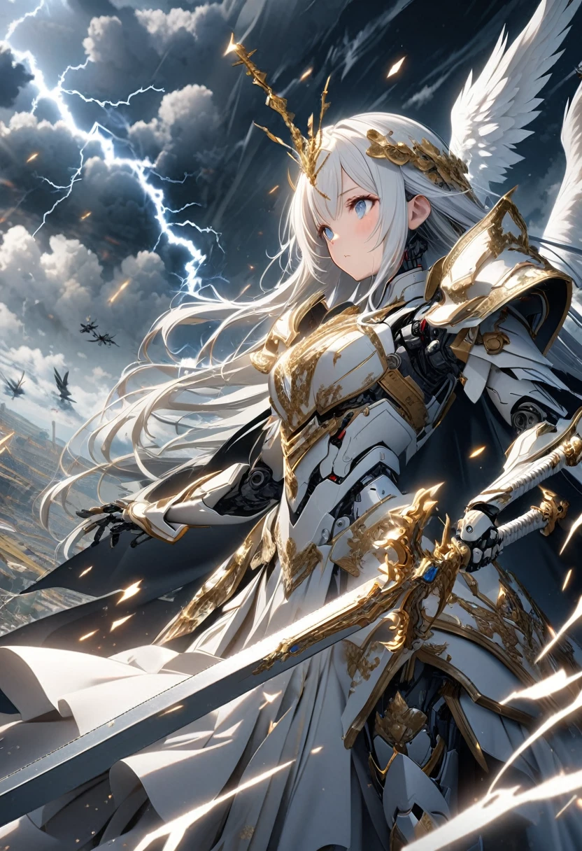 8k, 1girl, robot girl, long white hair,cyborg style Wearing luxurious white armor,Numerous gold decorations on armor, white winged unicorn with white cyborg style、(girl on a unicorn raise a great sword,)
Many clouds), lightning,