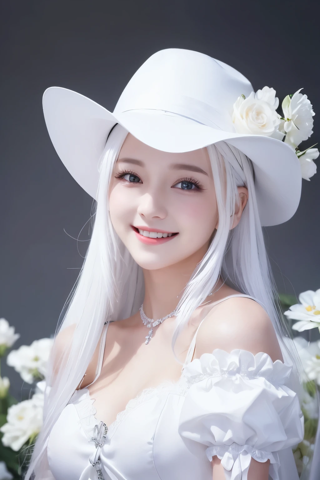 White background、White flower、White Dress、White Hat、White is valued、Cute girlfriend、smile、Well-formed face、A girl who looks good in white,White Hair、All White、Fantasy、Large Breasts、White decoration、