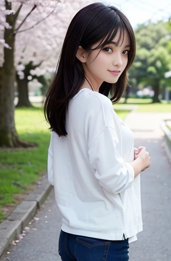 a lot of details, (underweight), 30 years old, detailed black hair, beautiful detailed hair, super  beautiful, complex details beautiful and delicate eyes, perfect hands, (flat  best quality:1.5), perfect and delicate limbs, detailed skin, best quality, ultra-detailed,(cheerful grin:1.3),
park, Cherry blossom trees, blissful, standing, (looking back:1.2), flipped hair, white t-shirt, green cardigan, jeans, Japanese, chill atmosphere, (full body shot:1.3), extreme long shot, , ground-level shot, wide shot, wide-angle lens