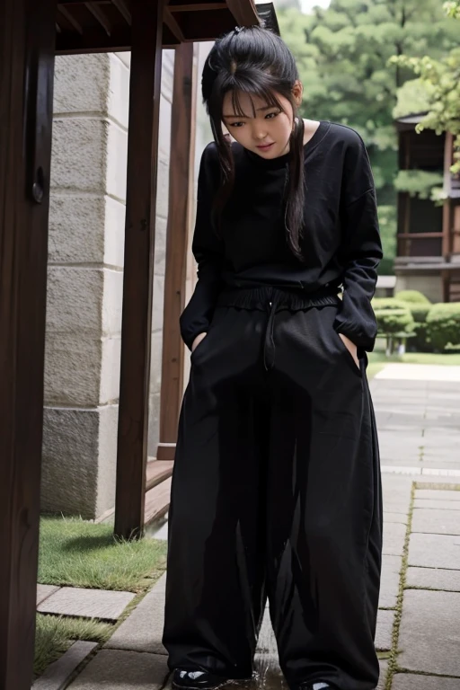 Japanese Girl sees the ghost and pees her black palazzo pants until her pants are wet in fright.