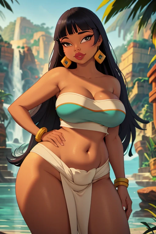 (Masterpiece), (best quality), (detailed), Curvy chel from el dorado talking to chief priest, (scene), (chel behind), zoomed out picture of chel talking to the chief priest, 2 different girls