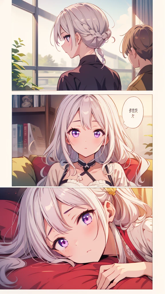 (masterpiece, highest quality), detailed, comics, boy,heart、like、 Meeting between a man and a woman, Manga Page, Doujinshi, Download contents, anime, Branch Panel, (From right to left, Top to bottom), The girl has milky white hair on top of her head, gradating to purple at the ends, and has long, straight hair braided in two ponytails.、The girl's characteristic is yinji,1girl,solo, purple eyes, long hair, twin braids, purple hair, multicolored hair, elbow gloves, bangs, very long hair,bare shoulders, black skirt, grey hair, dress, smile, side cutout,covered navel, side cutout,