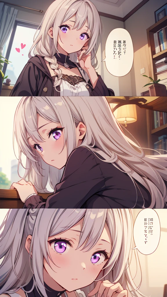 (masterpiece, highest quality), detailed, comics, boy,heart、like、 Meeting between a man and a woman, Manga Page, Doujinshi, Download contents, anime, Branch Panel, (From right to left, Top to bottom), The girl has milky white hair on top of her head, gradating to purple at the ends, and has long, straight hair braided in two ponytails.、The girl's characteristic is yinji,1girl,solo, purple eyes, long hair, twin braids, purple hair, multicolored hair, elbow gloves, bangs, very long hair,bare shoulders, black skirt, grey hair, dress, smile, side cutout,covered navel, side cutout,