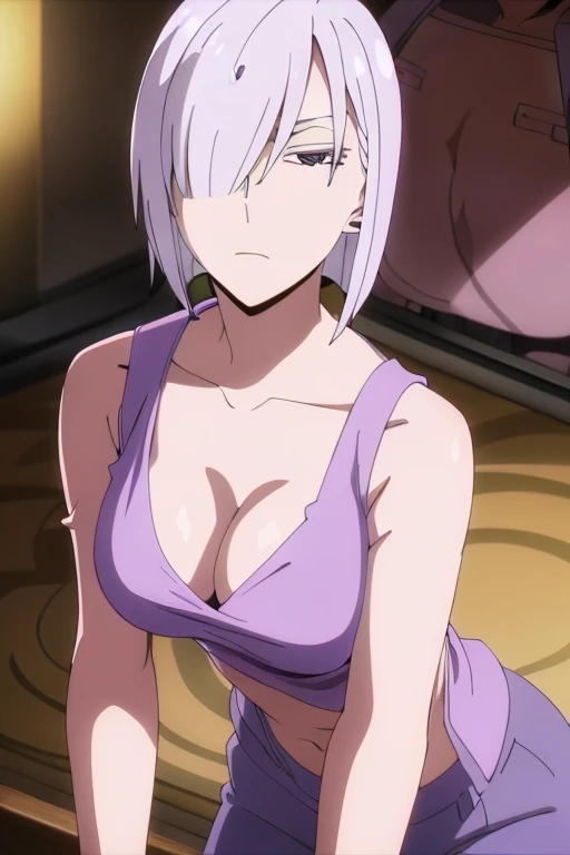 (Best Quality, masterpiece, High resolution, anime screen cap, anime colours), 1 Girl, Short Hair, White hair, Fiona Frost, Lewd Face:1.3, large full breasts, cleavage, (Thin fabric, Purple tank top:1.8, no-bra:1.5), Slimed, Leaning forward, Upper body, Bedrooms, (Perfect Anatomy, perfect detailed body, Eyes and hair in beautiful detail, Beautiful breasts and skin), armpits, armpits visible,