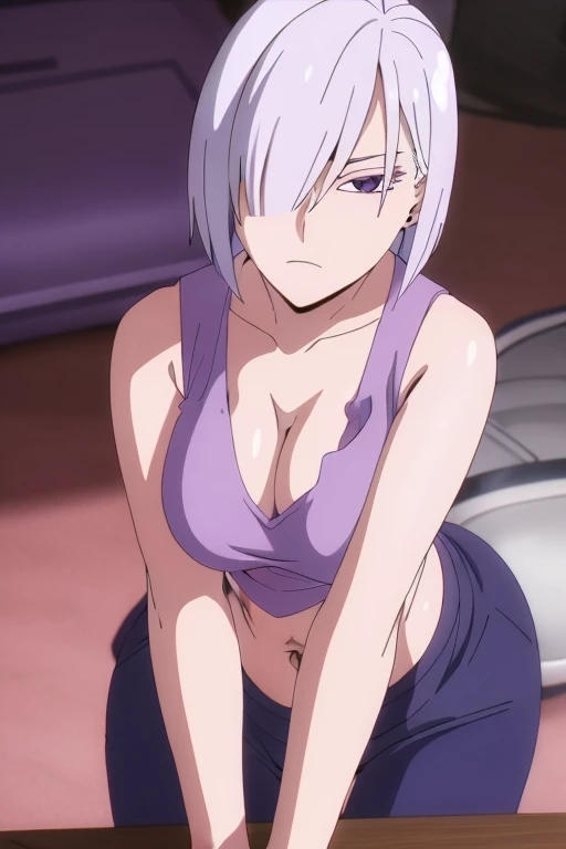 (Best Quality, masterpiece, High resolution, anime screen cap, anime colours), 1 Girl, Short Hair, White hair, Fiona Frost, Lewd Face:1.3, large full breasts, cleavage, (Thin fabric, Purple tank top:1.8, no-bra:1.5), Slimed, Leaning forward, Upper body, Bedrooms, (Perfect Anatomy, perfect detailed body, Eyes and hair in beautiful detail, Beautiful breasts and skin), armpits, armpits visible,