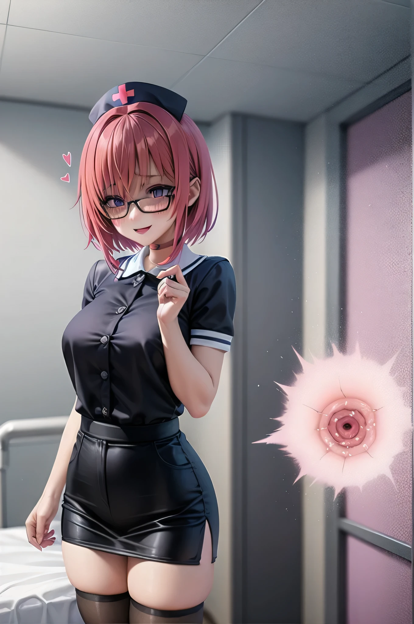 One girl, alone,Black Nurse, black nurse cap, Black clothes, ((Black legwear, zettai ryouiki)), Black gloves, Very short hair, Orange Hair, smile, Open your mouth, Are standing, ((Hospital room)), Sharp contours, Short sleeve, Tomboy, boyish, highest quality, masterpiece,facial,Heart symbol、uterine orifice、Fertilization, Glasses,Voice of the Heart,Breast milk,Ecstatic expression、yandere、Until death、Purple eyes,blush、Downward shot