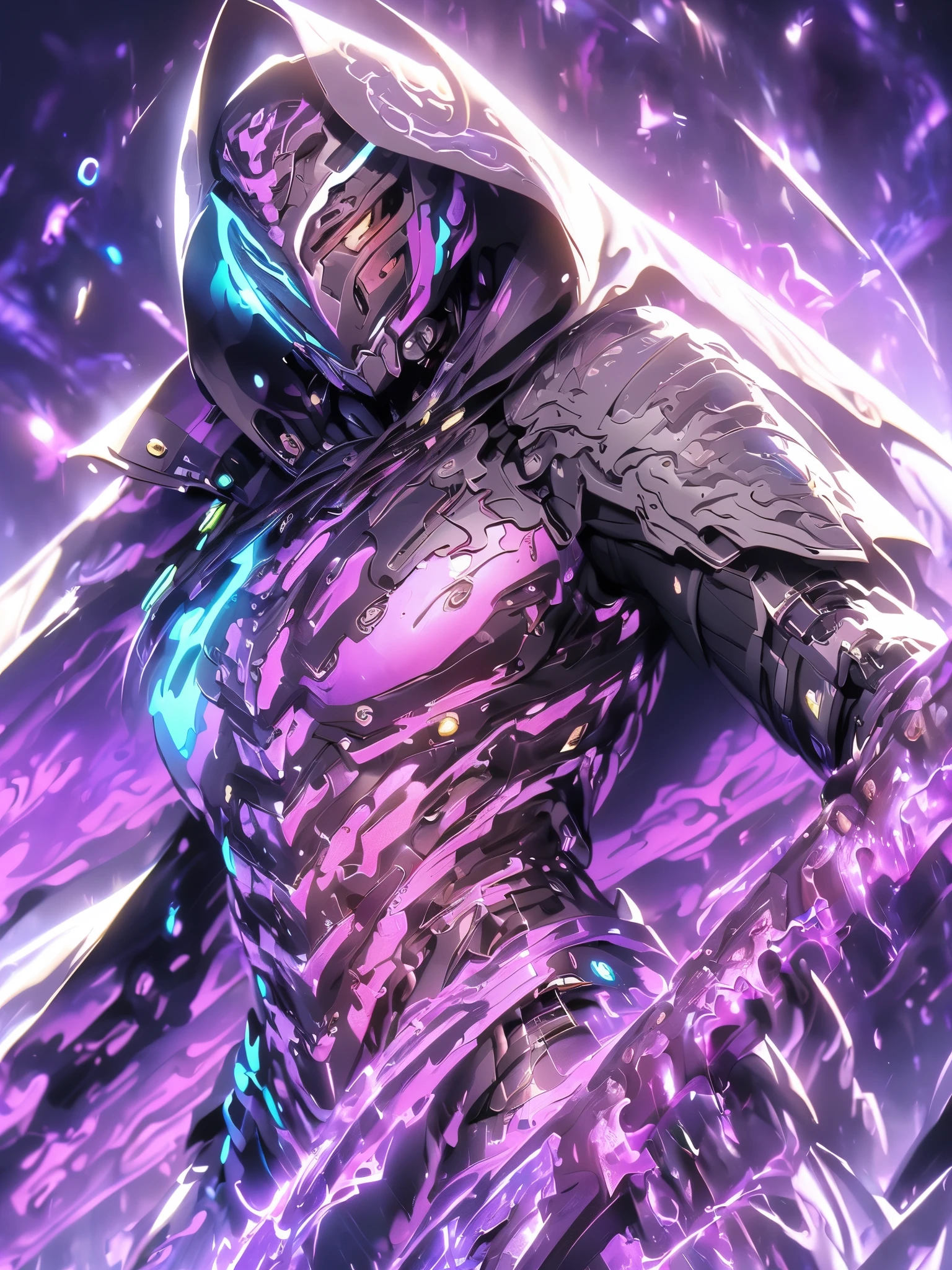 Super Realistic, Hyper Realistic, Super Detailed, (cybersamurai, 1boy, ((solo)), attacking with purple sword, wearing purple-red armor and mask, cape, glowing beautiful purple eyes, glow:1.3) (glowing simple black background:1.25),