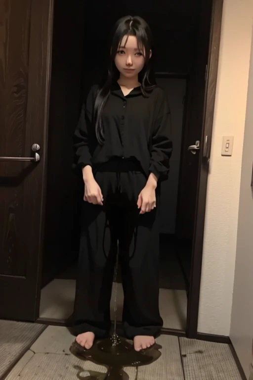 Japanese Girl sees the ghost and pees her black palazzo pants until her pants are wet in fright.