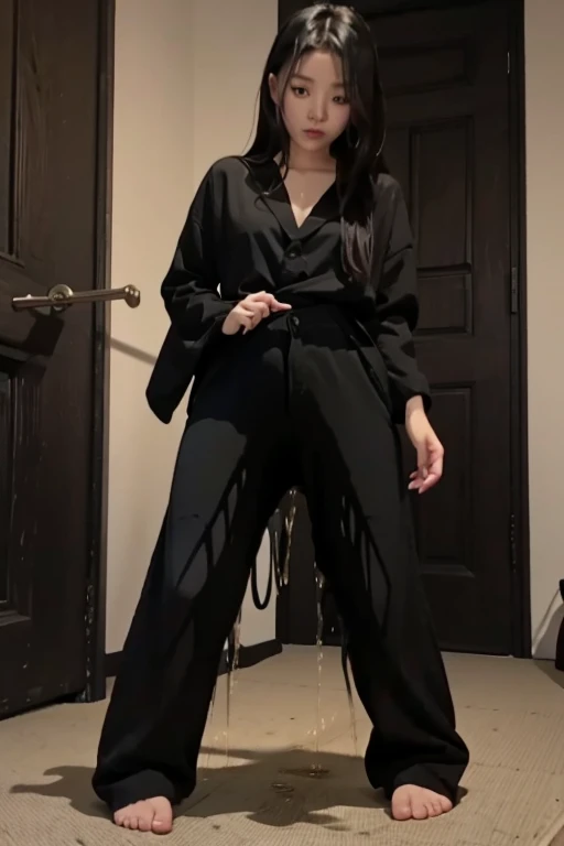 Japanese Girl sees the ghost and pees her black palazzo pants until her pants are wet in fright.