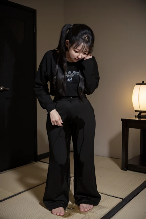 Japanese Girl sees the ghost and pees her black palazzo pants until her pants are wet in fright.