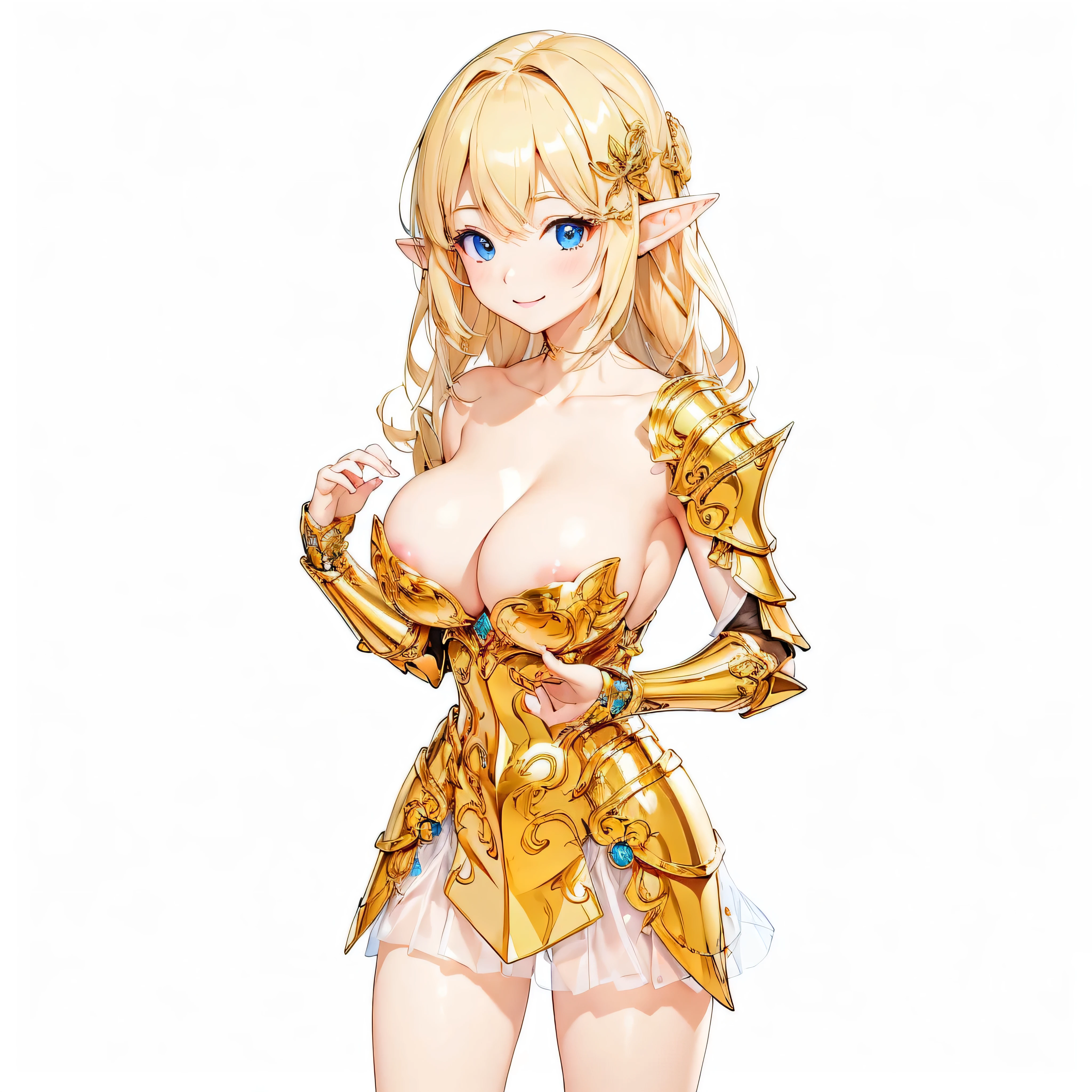 highest quality、Very detailed、High resolution、16k、Thin contours、Elf with long ears、I can see her nipples、Shining golden armor、Golden Bikini Armor、Very big boobs、Very big boobs、Very transparent white skirt、Boob Proportion、Smile of the Goddess、Elf girl、Very white skin、Beautiful fingers、Perfect Style、Elf、No bra、Blonde hair and blue eyes、Cool smile