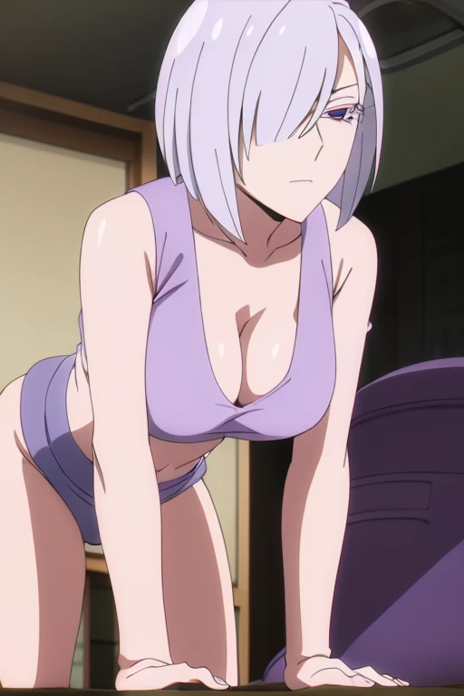 (Best Quality, masterpiece, High resolution, anime screen cap, anime colours), 1 Girl, Short Hair, White hair, Fiona Frost, Lewd Face:1.3, large full breasts, cleavage, (Thin fabric, Purple tank top:1.8, no-bra:1.5), Slimed, Leaning forward, Upper body, Bedrooms, (Perfect Anatomy, perfect detailed body, Eyes and hair in beautiful detail, Beautiful breasts and skin), armpits, armpits visible,