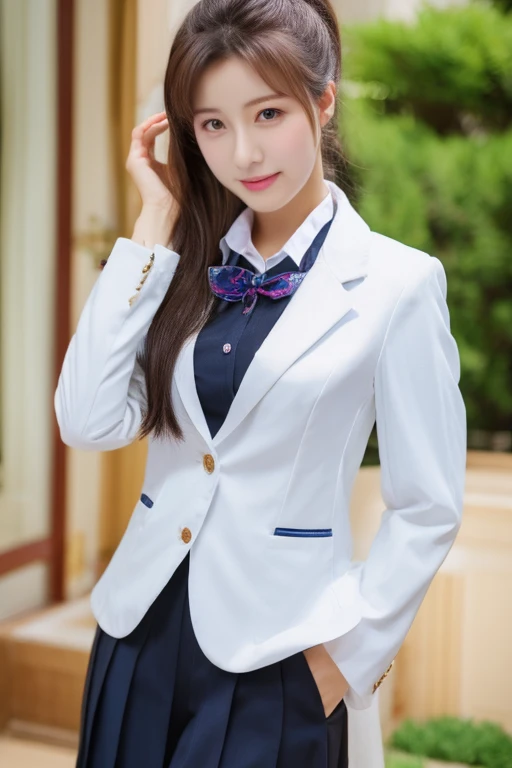 highest quality、masterpiece、High sensitivity、High resolution、 body shape、skinny、ponytail、Blazer uniform、Portrait