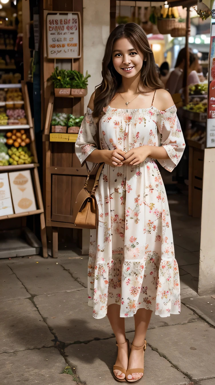 A beautiful brown-haired woman wearing a long floral dress、smile、, Women's sandals, Carrying a handbag、She is standing in the market in a feminine pose with a cute expression on her face as she looks at the camera