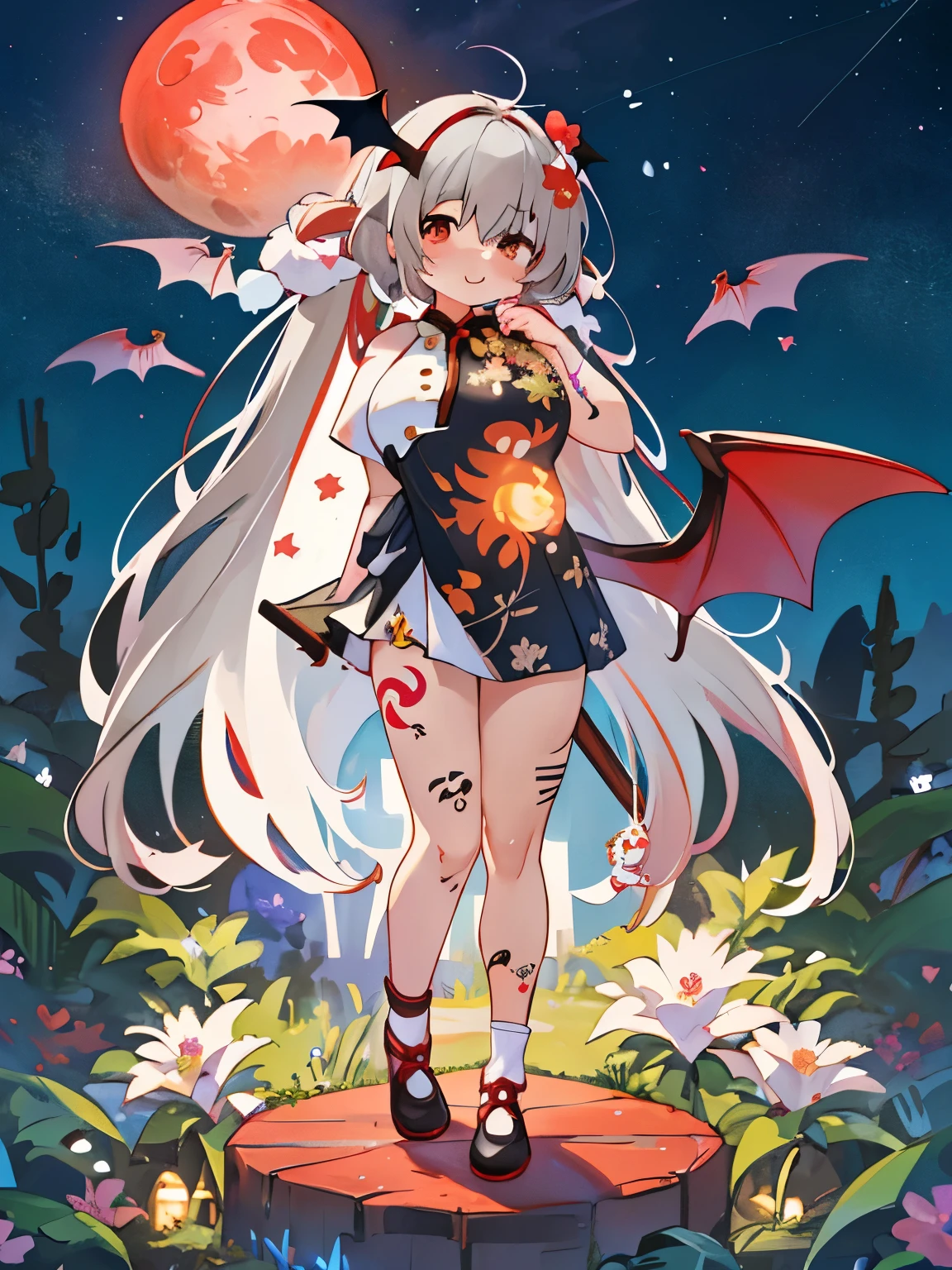 Very detailed,(Fractal Art:1.1),(colorful:1.1)(Flowers:1.3)、 (Dynamic pose), (A night with a shining red moon:1.3)、(Many colors:1.4)、Place the small doll on a circular stand、Cute pose、Laughter、(((very long hair with gray hair)))、Chibi Doll、stars are reflected in my eyes(about)、(((Giant Breasted:1.6))),Sing with a microphone、look up、smile、Cute red shoes、Very detailed, Dazzling Light、Bioluminescence、Stronger bokeh effect、Shooting from the side、(((It has huge ram horns on its head))),(((With giant bat wings))),giant shinigami scythe:1.4、(((Belly tattoo)),