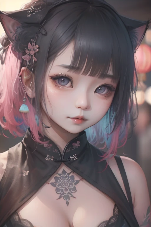 a close up of a woman with a tattoo on her chest, ruan cute vtuber, korean girl, very beautiful cute catgirl, cutecore, beautiful south korean woman, seductive anime girl, beautiful asian girl, of taiwanese girl with tattoos, trending at cgstation, gorgeous young korean woman, girl cute-fine-face, chinese girl pink hair with a little blue