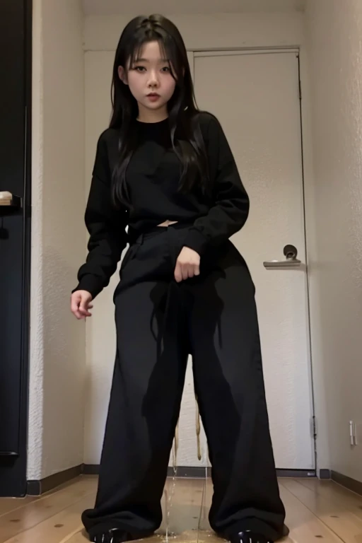 Japanese Girl sees the ghost and pees her black palazzo pants until her pants are wet in fright.