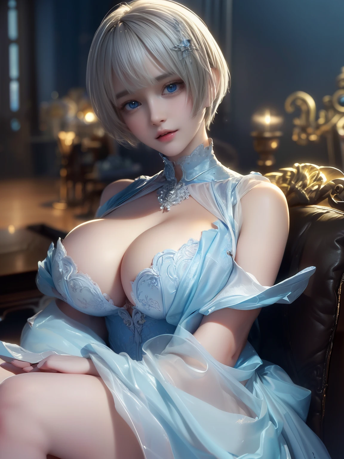 ((Masterpiece, Detailed face, Detailed eyes, detailed anatomy, Oily skin, Fine skin, White skin)), (Masterpiece, Best quality, High quality, Ultra-detailed, extremely details, High Resolution, Super realistic, ultra realistic, Strong lights, Photography, Brighten the subject, Perfect face, Cute Face), 1 adorable girl, solo, looking at viewer, head(blonde hair, pixie cut hair, very short hair, silky hair, blunt bangs), face(sparkling blue eyes), ((Huge breast)), (((Saggy breast:1.5))), looking at viewer with sweet smile, head(blonde hair, pixie cut hair, very short hair, silky hair, blunt bangs), Raw photo, (8K、highest quality、masterpiece:1.2)、(Intricate details:1.4)、(Photorealistic:1.4)、Octane Rendering, Intricate 3D rendering super detailed, studio soft light, Rim Light, Vivid details, Super Detail, Realistic skin texture, Cheek gloss, details face, Very beautiful bright pale blue eyes, Very big eyes, Highly detailed CG Unity 16k wallpaper, perfect beauty, round face, Makeup, (Detailed background:1.2), Shiny skin, Full Body, From head to thighs, Cleavage,