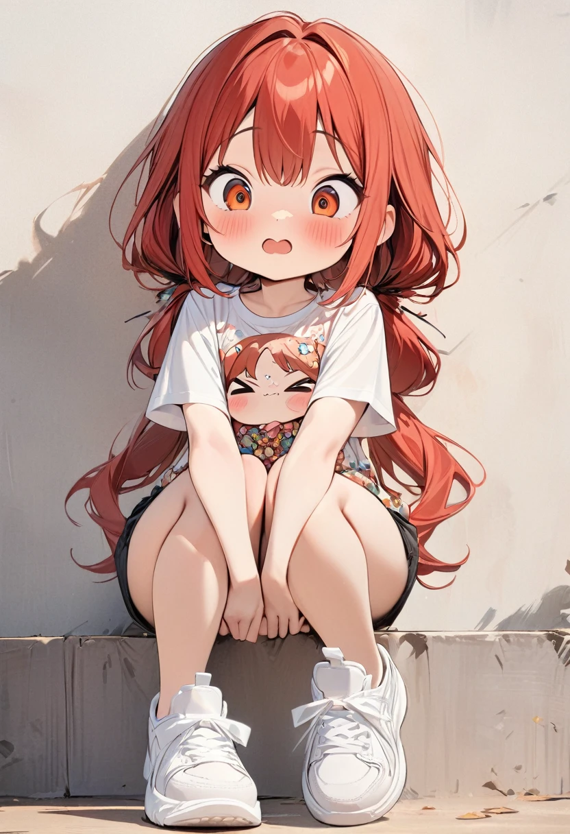 (masterpiece, best quality: 1.2), Cartoon character design。1 girl, big eyes, cute expression, floral T-shirt, jumpsuit, white sneakers, interesting, interesting, clean lines, cute, red long hair, outfit random, cute look