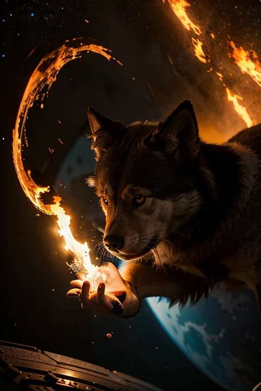 quiero un lobo en el espacio, lanzando bolas de fuego